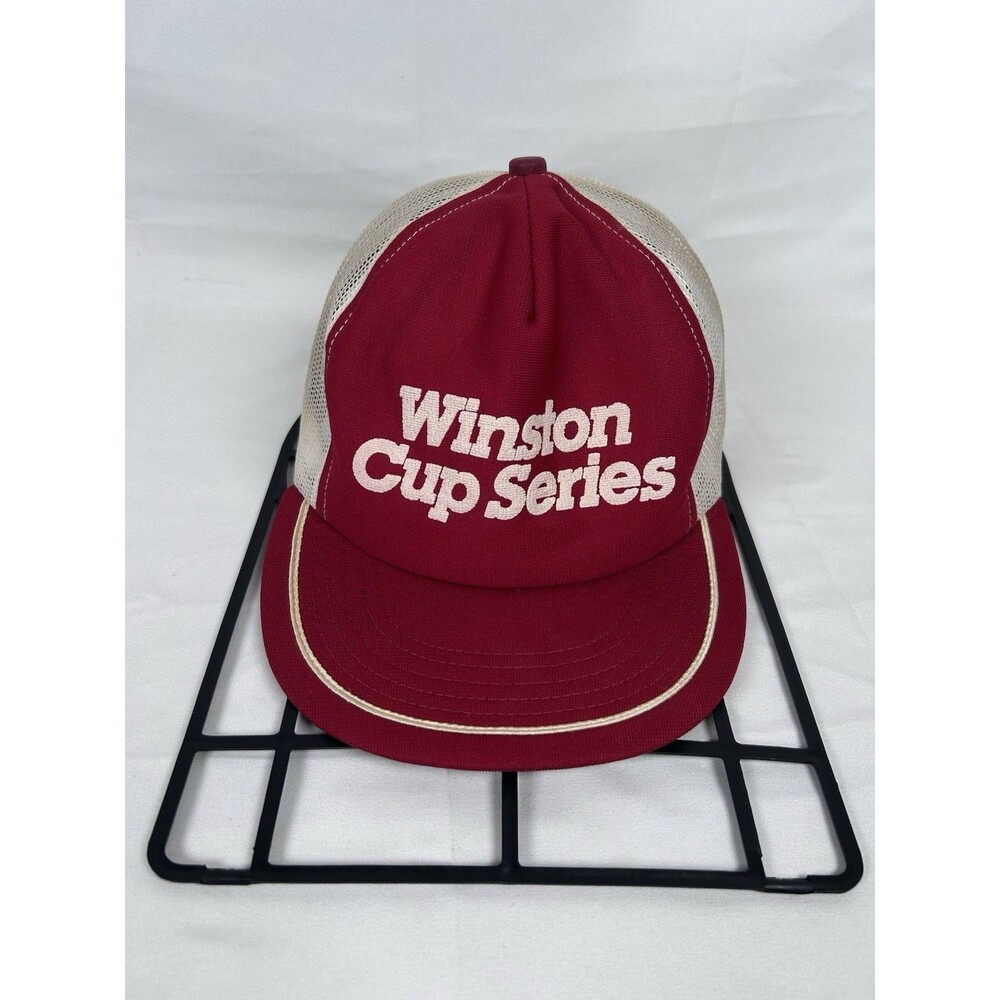 Vtg Winston Cup Series Red Baseball Cap Snapback Cream Print Trucker Hat
